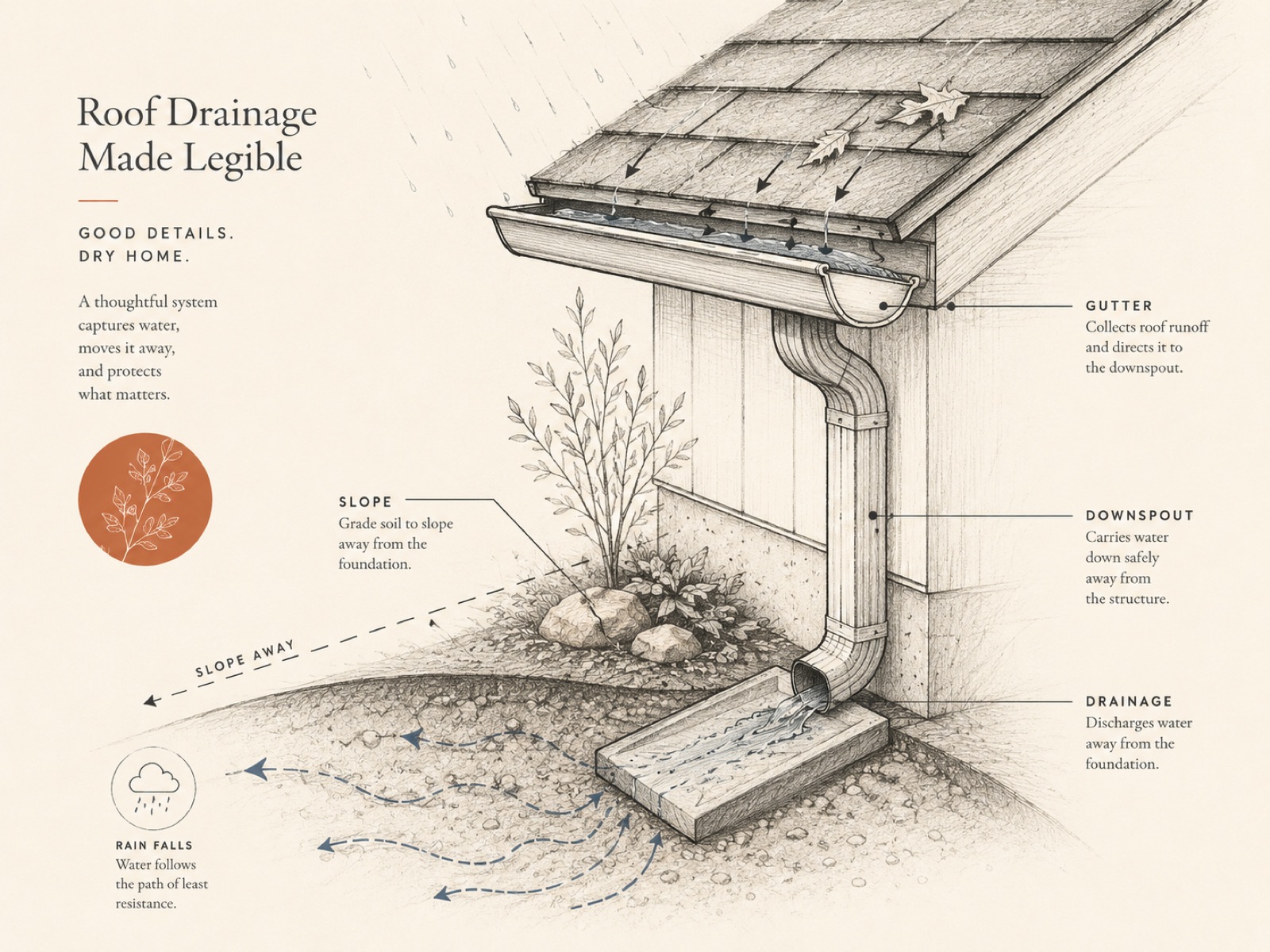 Roof drainage, made legible: gutters collect runoff, the downspout carries it down, and graded soil slopes it away from the foundation