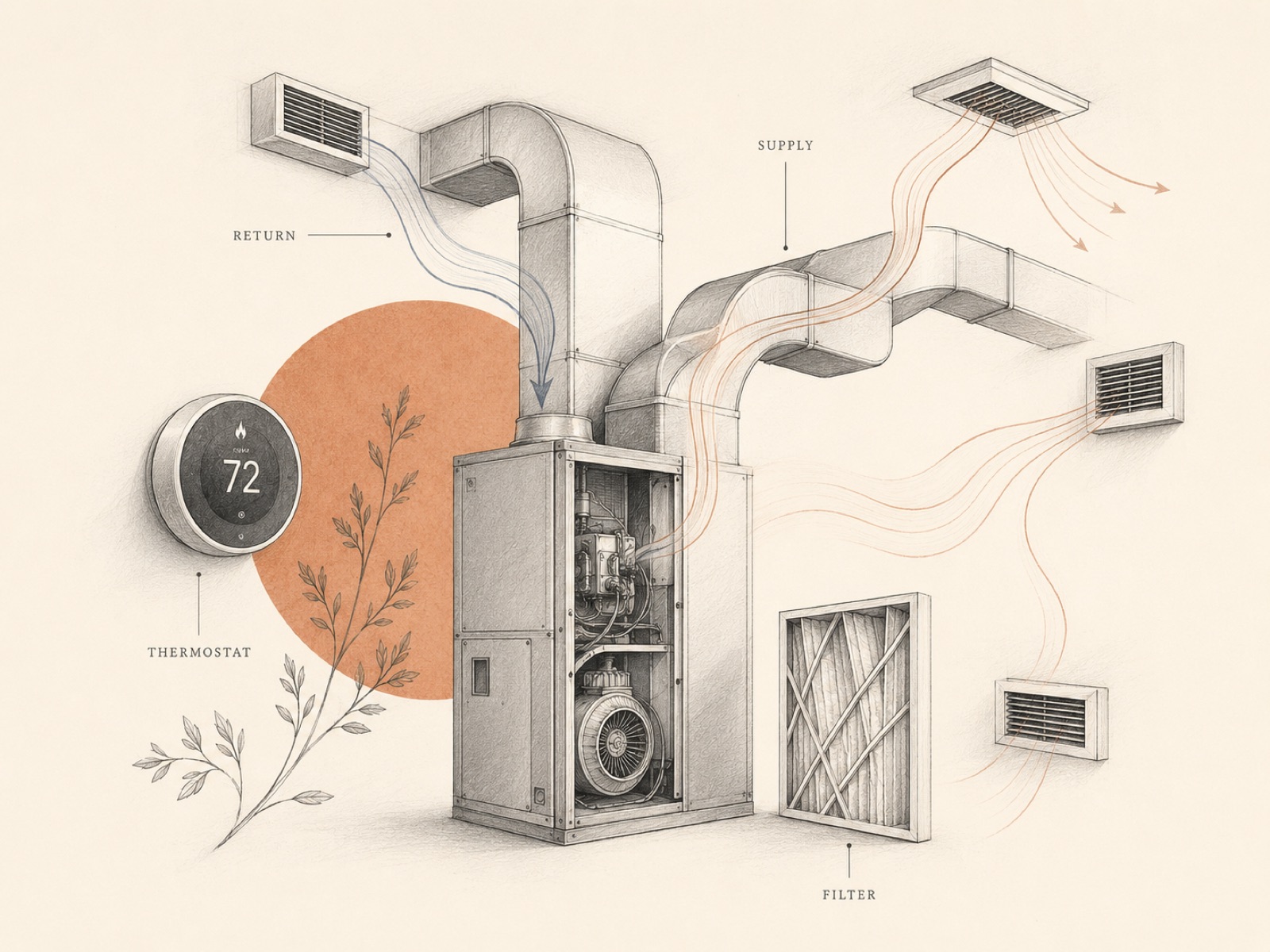 A forced-air system, made legible: return air, furnace, filter, and supply ducts — one of the clocks an inspector reads